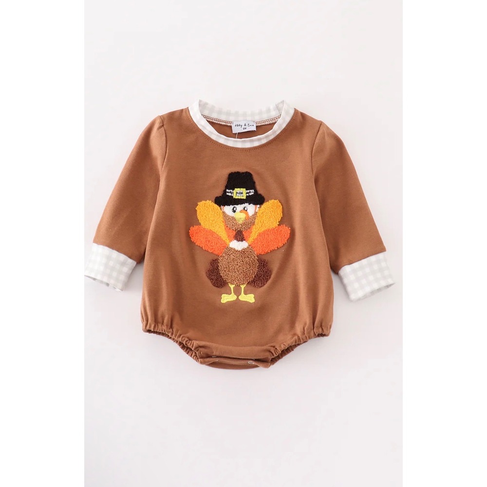Infant 3M French Knot Turkey Romper Tan Thanksgiving Neutral Boutique NEW‎